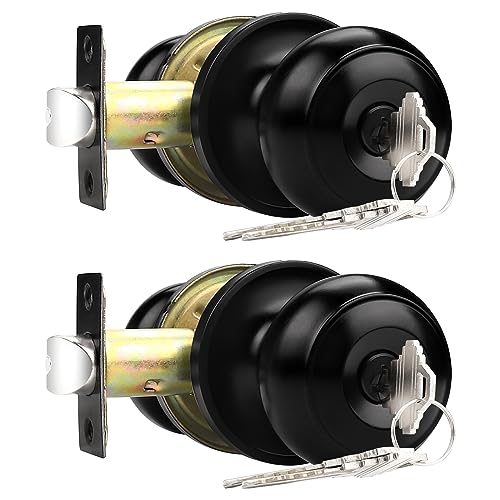Probrico Keyed Entry Door Locks, Exterior Interior Door Knob with Lock 2 Pack, Bedroom Bathroom Door Locks Same Key, Matte Black Finish Lockset, Flat Ball Knob