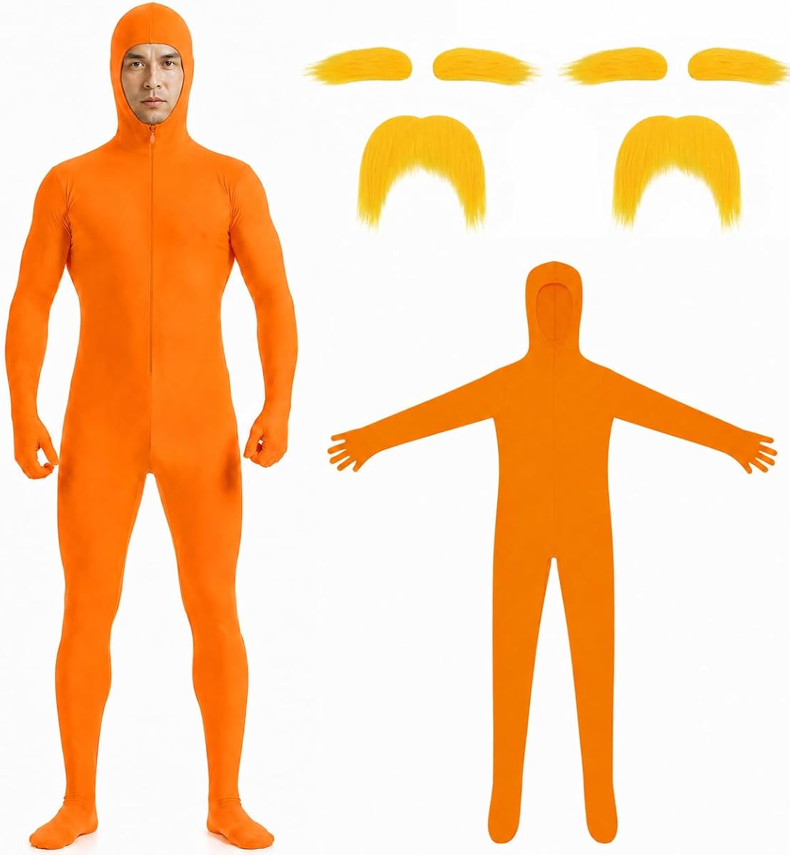 Halloween Orange Bodysuit, Halloween Orange Cosplay Outfit Set | Full Size Funny Orange Cosplay Costume with Mustache Eyebrows, Open Face Orange Jumpsuit for Adult Party Dress Up