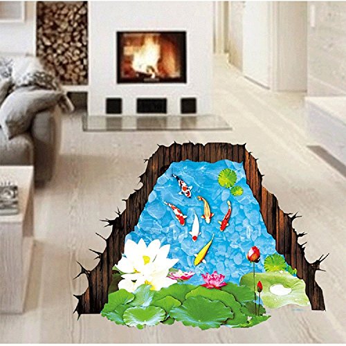 Amaonm Removable Creative 3D Fish Swim in The Hawthorn & Lotus Flowers Leaf False Window Wall Decals Wall Stickers Murals for Bathroom Kids Room Bedroom Front Floor Living Room Decorations