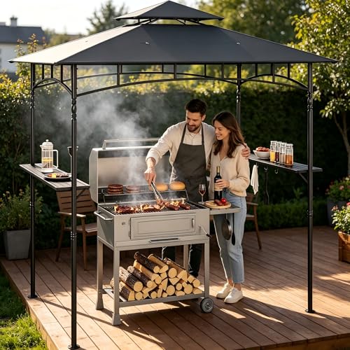 Gizoon 8x5 Grill Gazebo BBQ Canopy for Outdoor Use with Storage Shelf and Multiple Hooks for Patio Picnic Party and Backyard Cooking Grey