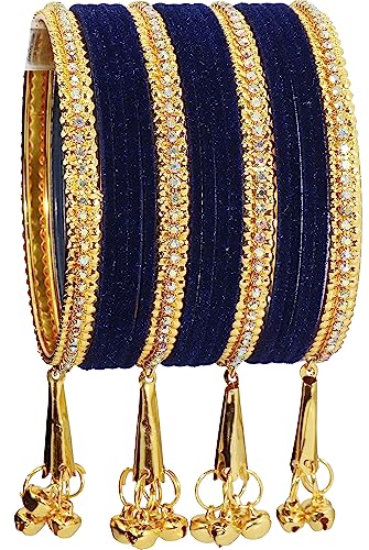 Image of NMII Metal with Zircon Gemstone and Velvet Studded Bells Latkan Bangles Set For Girls and Women I Latkan Bangles, Premium Bangle Bracelet Set I Pack of 16 Bangles