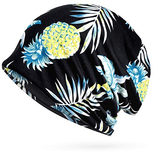 Glamorstar Floral Lace Beanie Hat Chemo Cap Stretch Slouchy Turban Headwear, Pineapple Black, One size