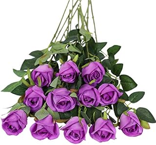 Tifuly Artificial Flowers,12 Pcs Single Long Stem Fake Rose Silk Flowers Faux Rose Bridal Bouquet Realistic Flower for Wedding Party Home Table Decoration Centerpieces(Bud Roses,Purple)