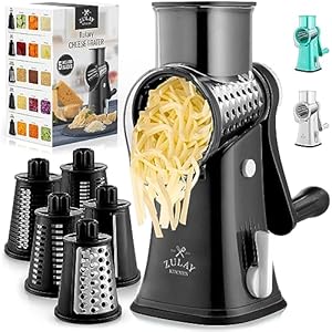 Zulay Kitchen Cheese Grater Hand Crank – Grater For Kitchen With Reinforced Suction – Rotary Cheese Grater With 5 Replaceable Stainless Steel Blades – Easy to Use & Clean – Vegetable Cutter – Black