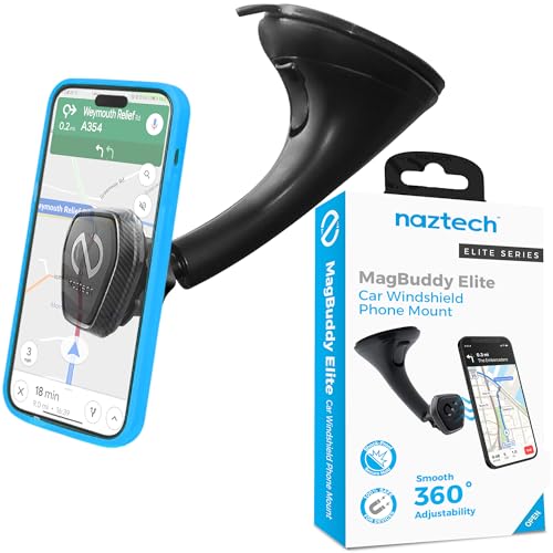 Naztech MagBuddy Elite Car Phone Mount - Magnetic Phone Holder for Car with Windshield Suction Cup, 360° Adjustable, Compatible with iPhone & Android