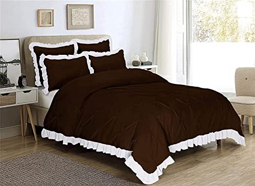 Image of 300 TC Pinch Ruffle 2 Tone Duvet /Razai /Blanket Cover with 2 Pillow Cover- 100% Cotton (Zipper Closure) Razai Cover 3 PC Set, Soft & Lightweight-Double Size White /Chocolate