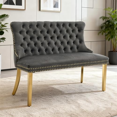 Velvet Double Dining Loveseat Bench with Wing Back, 2-Seat Tufted Upholstered Banquette Seating with Handmade Button Back, Gold-Plated Steel Legs, Mid-Century Modern Dining & Kitchen Seating, Grey