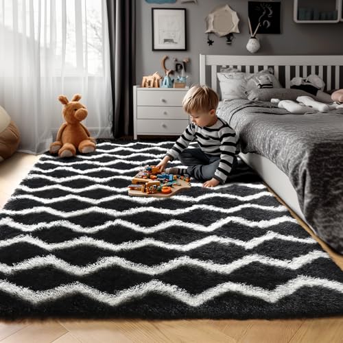RUGTUDER 4x6 Area Rugs for Bedroom, Washable Fluffy Fuzzy Shag Striped Rugs for Living Room, Black and White Zigzag Boys Room Rug Soft Shaggy Plush Chevron Rug for Kids Nursery Office Teens Dorm