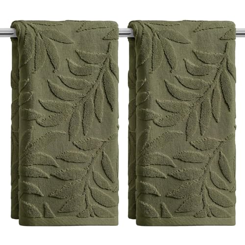 Artoid Mode 2 Pcs Olive Green 3D Leaves Jacquard Hand Towels for Bathroom 100% Cotton Soft Absorbent Bathroom Decor Towels 13.7 x 29.5 Inch