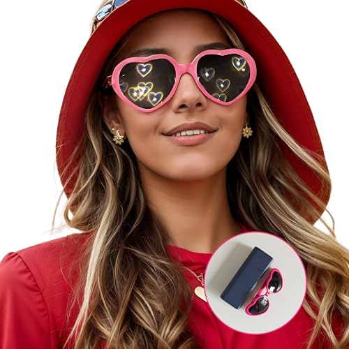 Image of Heart Diffraction Glasses - With Leather Metal Glasses Case - Heart Effect Sunglasses for Light Shows, Festivals, Fireworks (Pink)