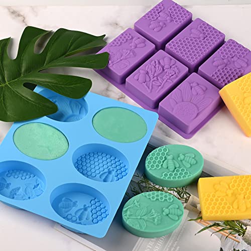 Image of Sakolla 2 Pack 6 Cavity Bee Silicone Soap Molds Rectangle Oval Honeycomb Silicone Molds Loaf Handmade Molds for Soap Making Supplies DIY Wax Melts, Beeswax, Cake Chocolate Bakeware