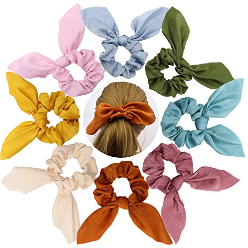 NODG 8 Pack Hair Scrunchies Stain Christmas Hair Scrunchies Hair Bow Silk Ponytail Holder Bobbles Soft Elegant Bow Scrunchies for Women Hair Ties, 8 Colors Scrunchies with Ribbon Christmas Gifts