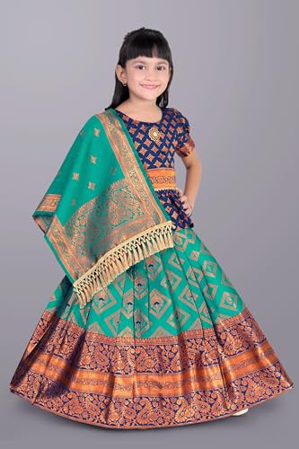 Image of Girls Pattu Pavadai Ready to Wear Lehenga, Blouse & Dupatta Set - Heavy Jacquard Fabric, Fully Stitched