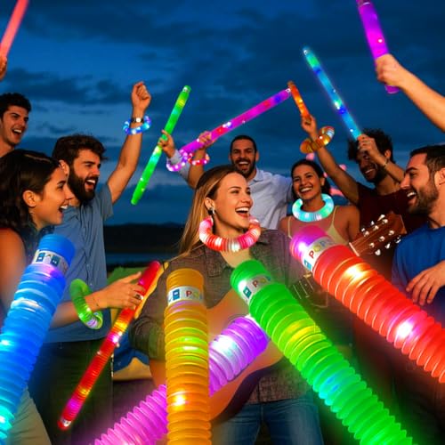 OceanWings 24PC Lights up Pop Tube Set for Kids Adults,Glow Sticks Stretchy Tube Fidget Toys for Classroom Prizes Birthday Concert Hawaii Party Glow in the Dark Party Supplies Favor for Boy Girl 8-12 by OceanWings - Image 4