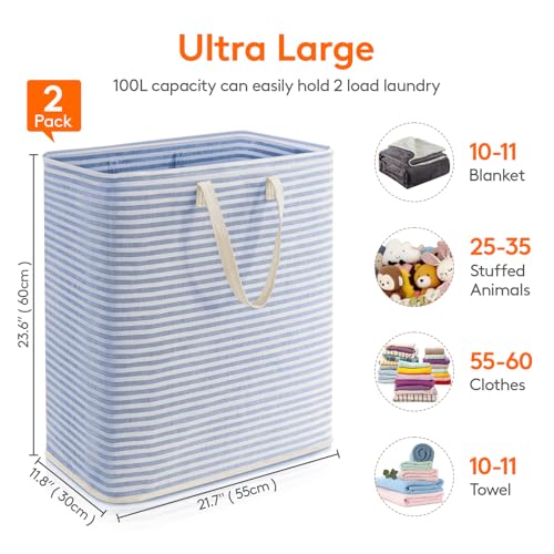 Image of Lifewit 2 Pack Laundry Basket 100L Each, Collapsible Clothes Hamper with Reinforced Handles, Freestanding Waterproof Design for Bedroom and Laundry Room, Grey&Blue 200L Total