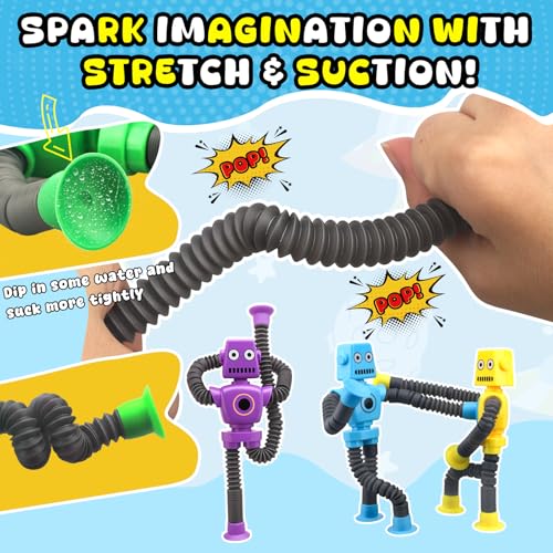 Image of Robot Sensory Pop Tubes Fidget Toys with Suction Cups, DIY Stretchy Telescopic Toys for Toddlers Boys Girls, Travel Airplane Car Road Trip Activities, Stocking Stuffers Party Favors, 10PCS