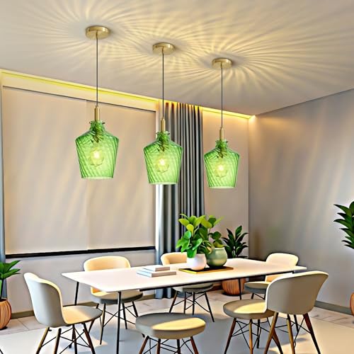 Image of Stripes Green Glass Pendant Light for Kitchen Island Gold 8 Inch 1 Pack