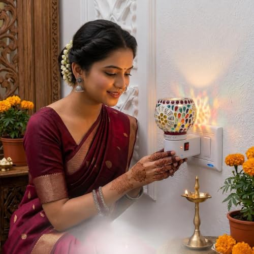Image of RUPIKA | Electric Ceramic Aroma Diffuser Kapoor Dani | Camphor Diffuser Incense Burner Holder Kapoor Dani with Night Lamp for Home, Office (FULPATTI)