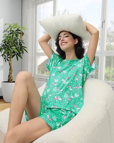 XPUDAC 4 Pack Women's Pajama Sets Loungewear Short Sleeve Tee and Shorts Soft Comfy Sleepwear Pjs Set2