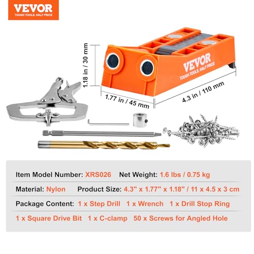 VEVOR Pocket Hole Jig, 56 Pcs Mini Jig Pocket Hole System with 9" C-clamp, Step Drill, Wrench, Square Drive Bit, Drill Stop Ring, and Screws, for DIY Carpentry Projects