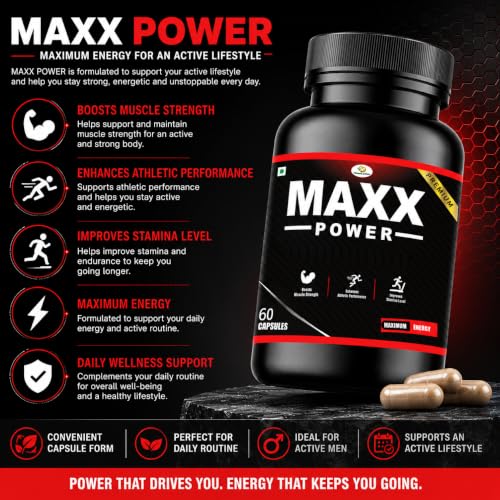 Image of Maxx Power Herbal Capsules for Men with Ashwagandha, Shilajit, Kaunch Beej & Safed Musli | Supports Energy, Strength, Stamina & Men's Wellness | Daily Herbal Supplement | 60 Veg Capsules