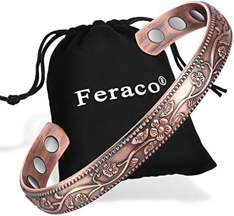 Feraco Magentic Copper Bracelet for Women,Vintage Flower Copper Cuff Bracelet,99.99% Pure Copper with Magnets,Adjustable Magnetic Bangles with Gift Box,Christmas Jewelry Gifts(Copp[er)