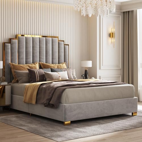 Image of AMERLIFE California King Size Upholstered Bed, Modern Velvet Bed Frame with 65.4 inch Tall Gold Trim Headboard, No Box Spring Needed, Grey