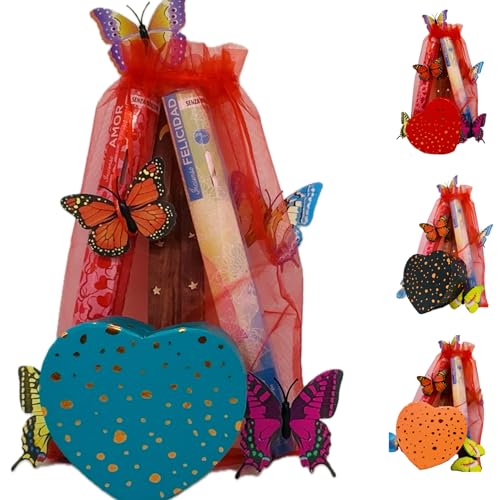 Caja de Regalo de Corazón Azul Celeste con 5 Mariposas Decorativas con 40 Varillas de Incienso Natural (Amor y Felicidad) con tablilla quemadora de Madera con una Delicada Bolsa Roja de Organza