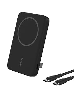 Belkin BoostCharge Pro Batería Externa Inalámbrica de 5000mAh con Qi2, Cargador portátil Compatible con MagSafe + Soporte Caballete, batería portatil para Phone 16, iPhone 15, 14, 13 y Otros, Negro
