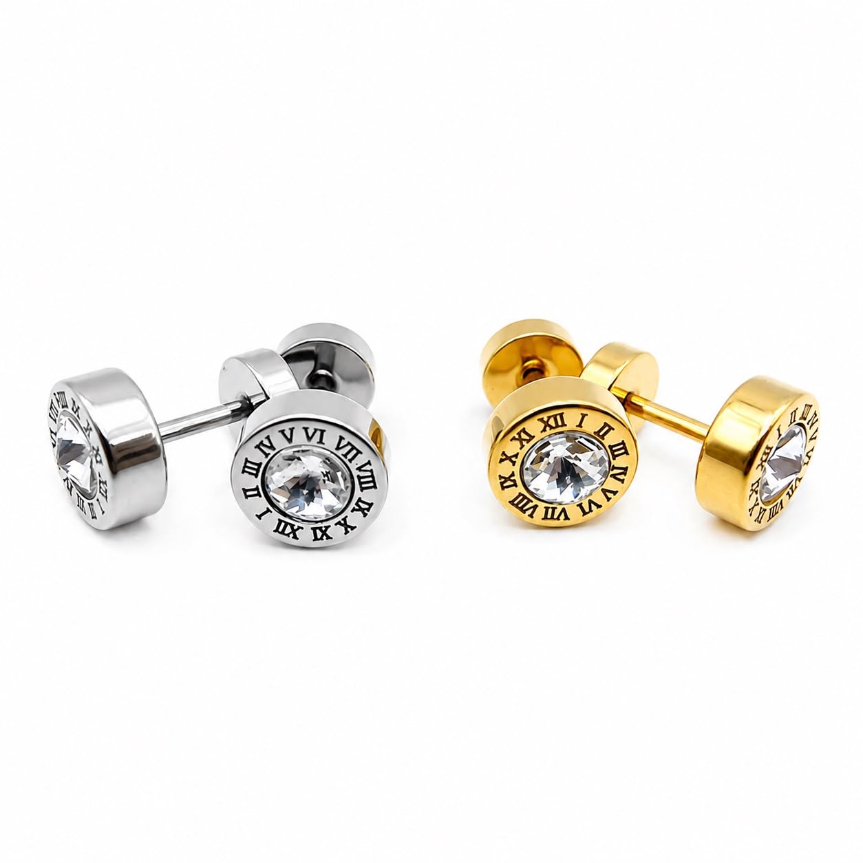 1 Pair Silver&Gold Plated Roman Numeral With Premium Crystal Stone Stud Earrings-picture-12
