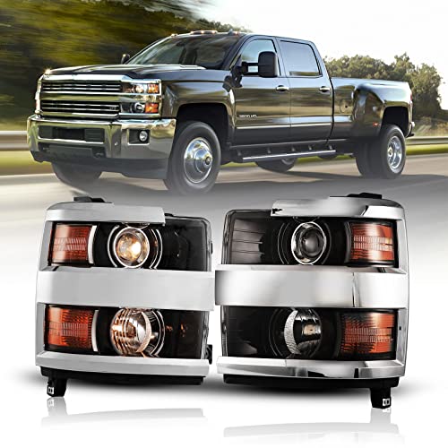 ROXX Headlights Assembly for 2015 2016 2017 2018 2019 Chevy Silverado 2500 3500, Headlights Replacements with High Low Beam, DRL, Amber Reflector LED Headlamps, Driver & Passenger Side (Chrome)
