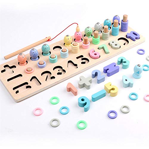EKKONG 3 In 1 Wooden Educational Toys for Kids, Montessori Fishing Games Sorting Stacking Number Counting Puzzle Board, Learning Toys for Toddler Preschool Kids (fishing)