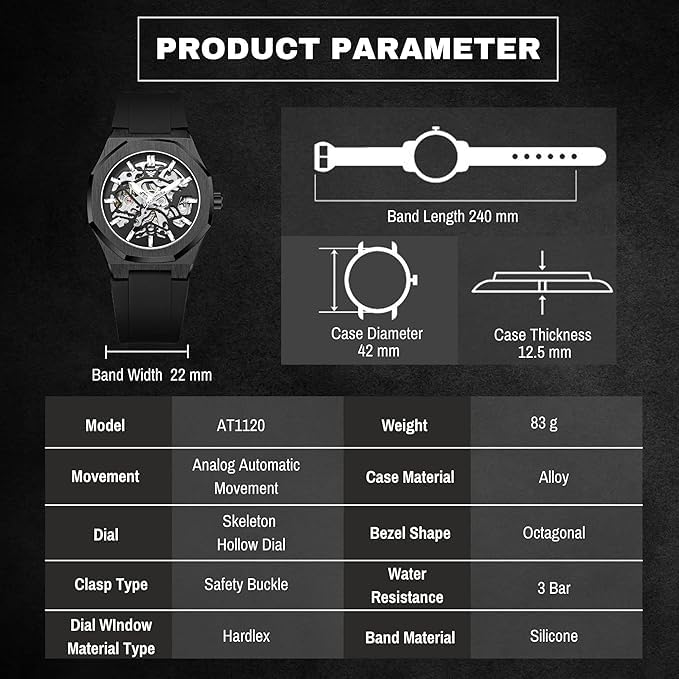Image of ALTURA Onyx Skeleton Automatic Men's Watch - Octagonal Case, Self-Winding Mechanical Movement, Silicone Strap