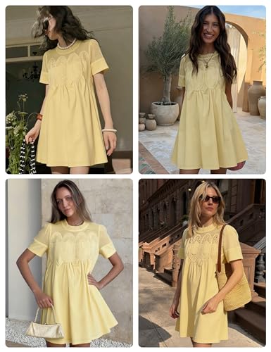 Image of Shiyifa Womens Babydoll Lace Patchwork Dresses Summer Short Sleeve Ruffle Sundress Loose Crew Neck A-Line Dresses