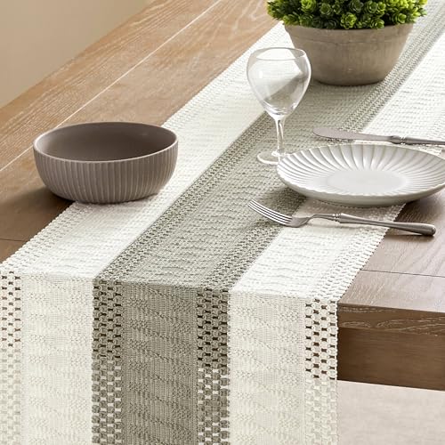 Image of ZeeMart Macrame Style Bicolor Stitching Table Runner, 14 x 108 Inch Dark Sage /Ivory, Boho Grey Sage Table Runners 108 Inches Long, Farmhouse Woven Home Decor