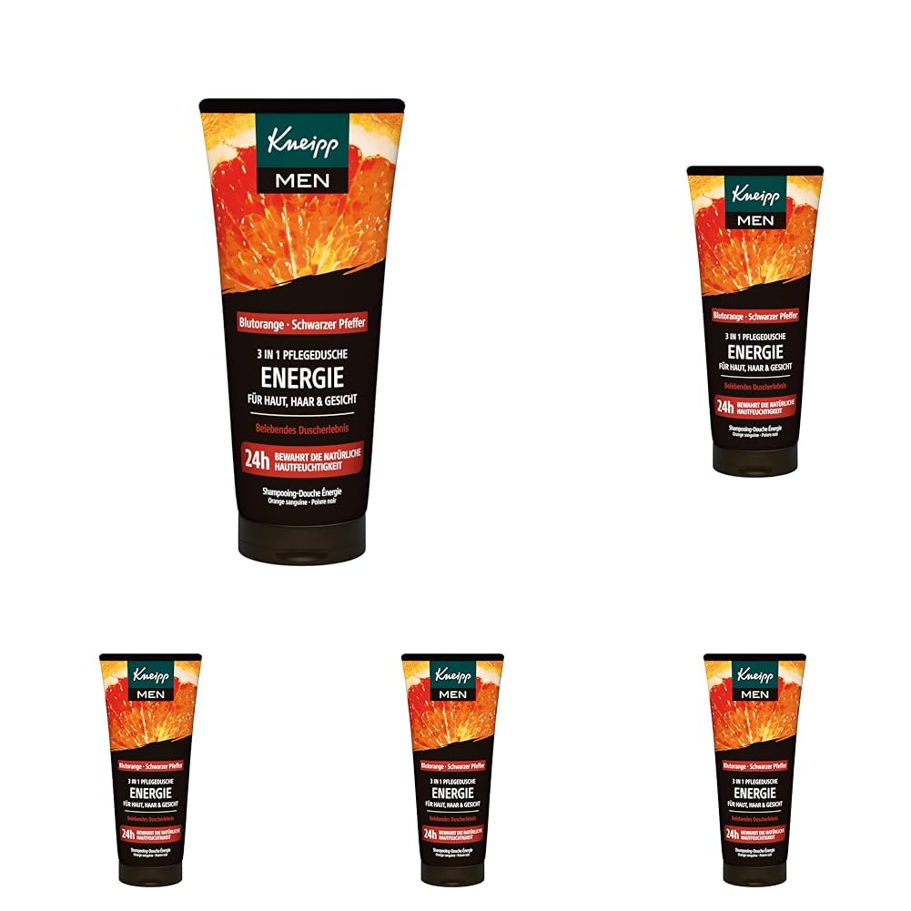 Kneipp MEN 3 in 1 Pflegedusche Energie - Duschgel für Männer - Für Haut, Haar & Gesicht - Mit natürlichem ätherischem Blutorangenöl und dem Extrakt aus schwarzem Pfeffer - 200 ml (Packung mit 5)