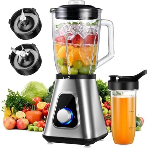 GDOR 1200W Blender 2 in 1 Smoothie Blender with 1.5L Glass Jug & 650ML Travel Cup 3 Speed Smoothie Maker Professional Jug Blenders for Smoothies, Shakes, Frozen Drinks, Ice, Sauces, Silver
