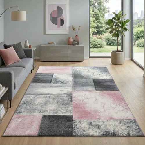 Carpetsale24 Tapis 120 x 170 cm, poils courts, contours découpés, rose, gris, blanc, carreaux,...