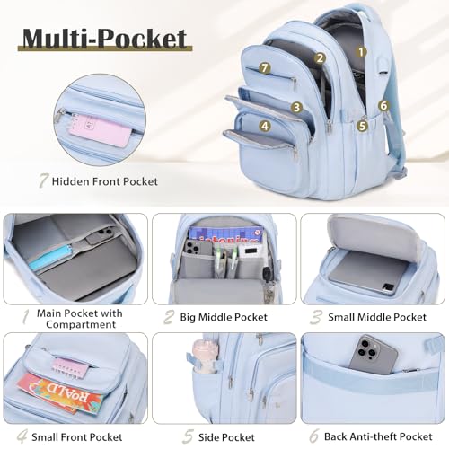 Backpack for School Girls Boys, College Backpack with Lunch Bag Pencil Case for Teens Kids Elementary Middle High School, Casual Multi-Pocket Travel Daypack with USB Port for Women Men Blue3