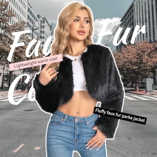 Petite Cropped Fur Coat for Women, Faux Furry Long Sleeve Fluffy Jacket Open Front Winter Shaggy Warm Outwear.2