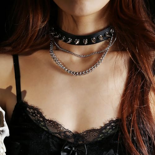 HZMAN Fashion Women Men Cool Punk Goth Metal Spike Studded Link Leather Collar Choker Necklace3