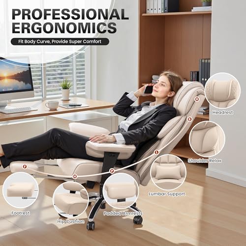Image of BestGlory Office Desk Chair, Big and Tall Leather Gaming Chair with Footrest, Wide Ergonomic Comfy Executive High-Back Reclining Computer Chairs, Swivel Rolling Wheels and Padded Lumbar Support, Beige