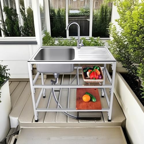 MTSYXYM Fregadero Portatil,Fregadero Exterior Jardin,Lavadero Pila Exterior,con Plataforma de Trabajo, Gran Capacidad de Almacenamiento,para Restaurantes,Bares,Tiendas.(Double layer/75 * 40 * 75cm)