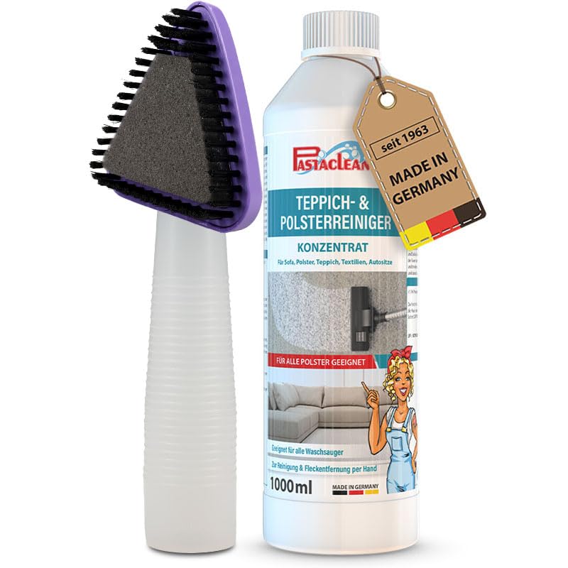 PASTACLEAN Polster- & Teppichreiniger 1 Liter + Shampoonierbürste, Profi Polsterreiniger für Sofa, Auto, Sessel & Couch, Textilreiniger Konzentrat & Autositz Reiniger, Fleckenentferner Sofa