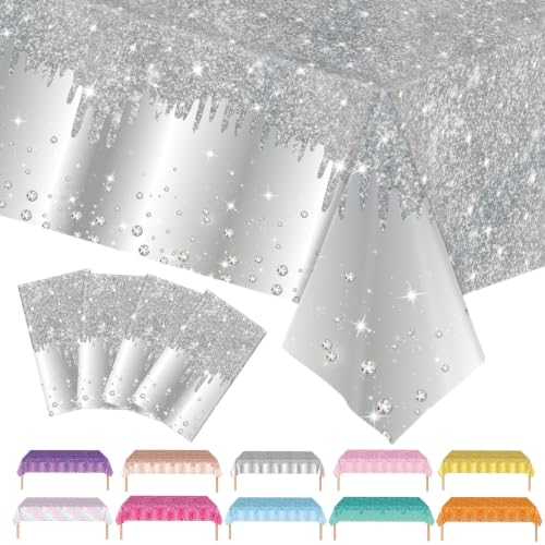 Image of 4P Silver Party Plastic Table Cloth,137x274cm Shiny Silver Tablecloths