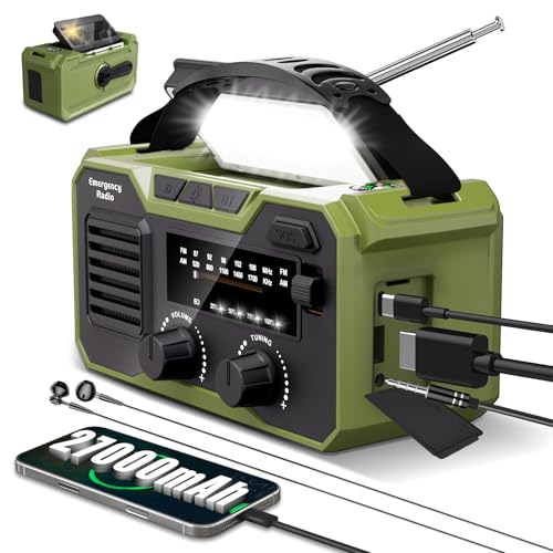 27000mAh Radio Emergencia, FM/Am Radios Solar y Recargable con Bluetooth 5.3/Alarma SOS/Brújula/Linterna, Radio De Dinamo para La Preparación Al Aire Libre para Desastres Naturales (Verde)