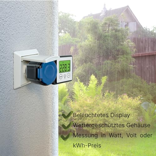 SCHWAIGER Energiekostenmessgerät Stromzähler Steckdose Outdoor IP44 Einspeisemessgerät Balkonkraftwerk Solaranlage beleuchtetes Display Watt Volt kWh digital Stromkostenmessgerät Einspeisung messen