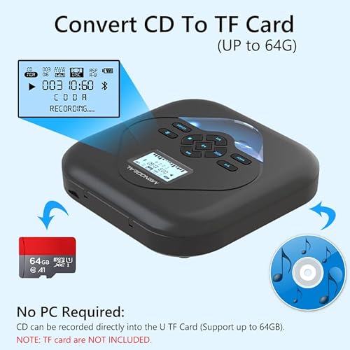 Monodeal Cd Player Portable,Bluetooth Cd Player With Speakers,Rechargeable Walkman Cd Player For Car And Home,Small Anti-Skip Cd Player With Dual Headphone Jacks,Wav/Flac/Mp3/Cd Compatible #TOP3