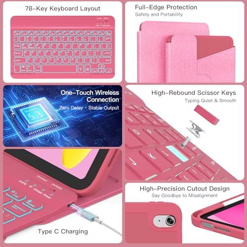 Image of RAYMCRAFT for iPad 11th(A16, 2025) /10th Generation Case with Keyboard, 360 Rotatable Case & Detachable Backlit Keyboard, Precision Cutouts and Pen Holder for iPad A16 11'' /10th 10.9'', Sparkling Pink