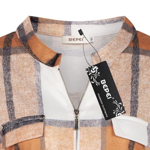 BEPEI Plaid Shirts for Women,Womens Tops Fall Fashion 2025 Flannel Blouses for Women Dressy Casual Trendy Zipper V Neck 3/4 Length Sleeve Top Ladies Business Work Professional Clothes Brown Yellow XL - Thumbnail 5